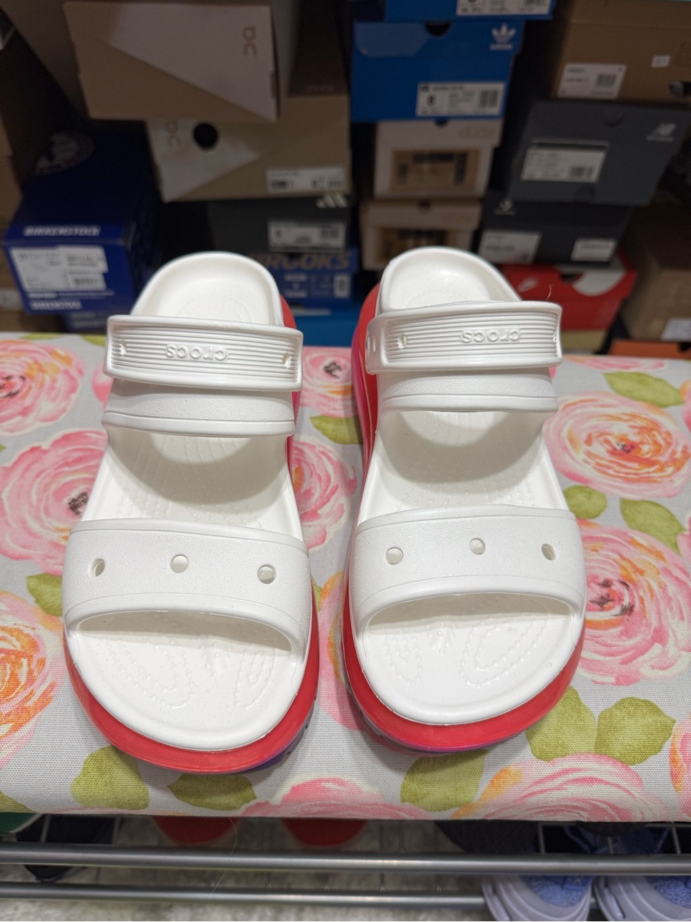 CROCS White Platform Slides with Pink & Purple Layered Sole 8 - Picture 2 of 3